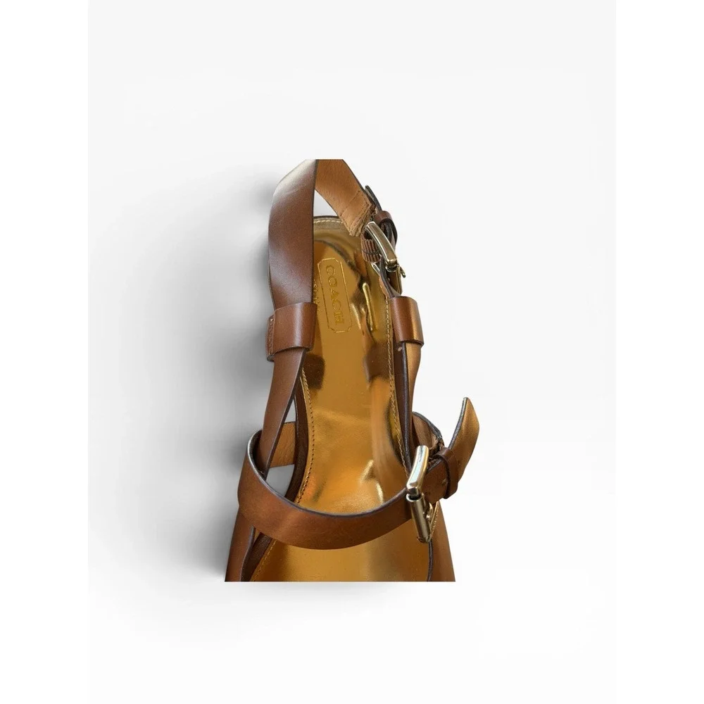 Coach Mary Jo Wedge Sandals 9.5B Brown Leather Platform Slingback Heels‎ EEUC